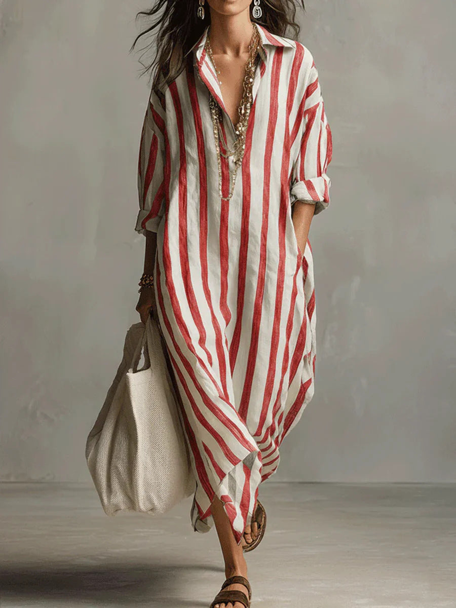 Loose V-Neck Striped Shirt Dress