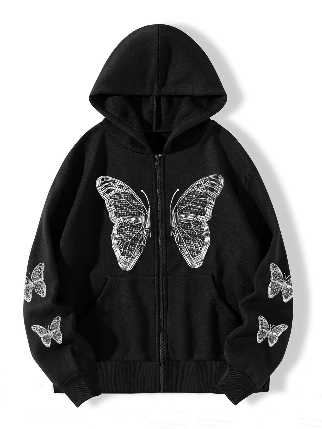 Butterfly Print Fleece Hooded Sweatshirt
