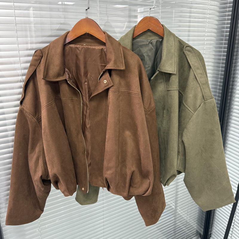 Womens Lapel Zipper Suede Jacket