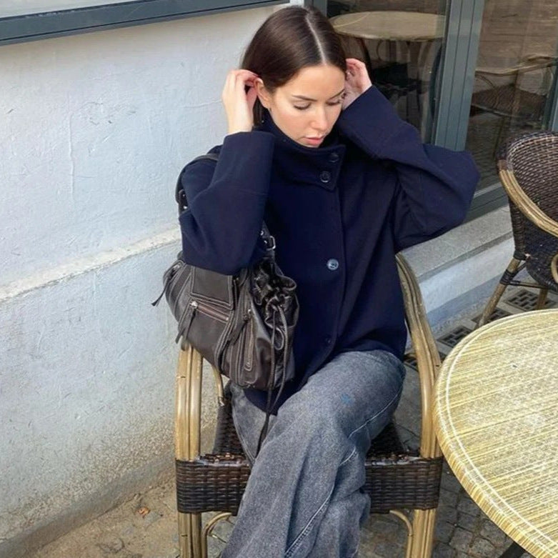 Short wool-blend single-breasted coat with a stand-up collar