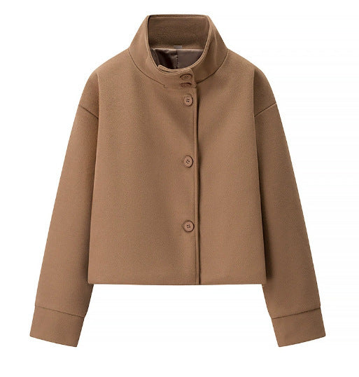 Short wool-blend single-breasted coat with a stand-up collar