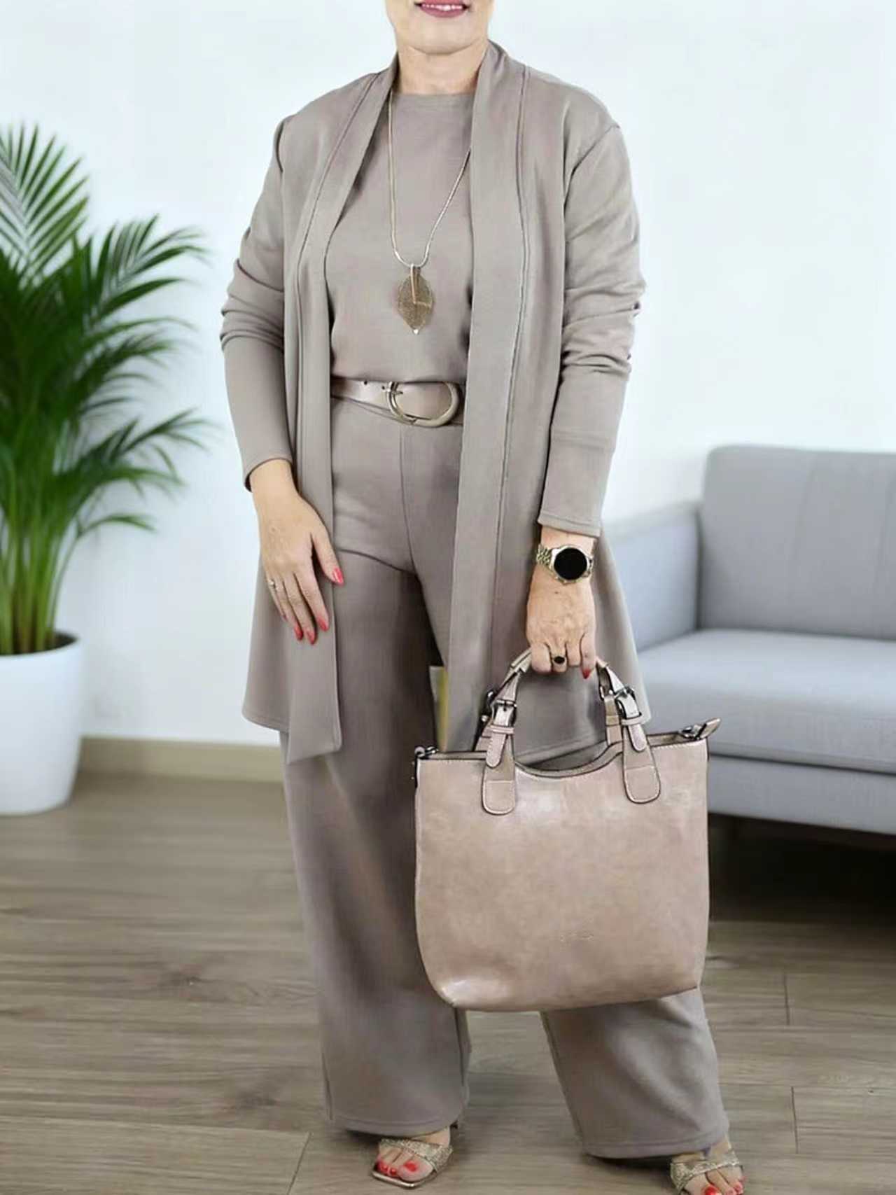 Women Knit Three Piece Cardigan and Pants Outfit