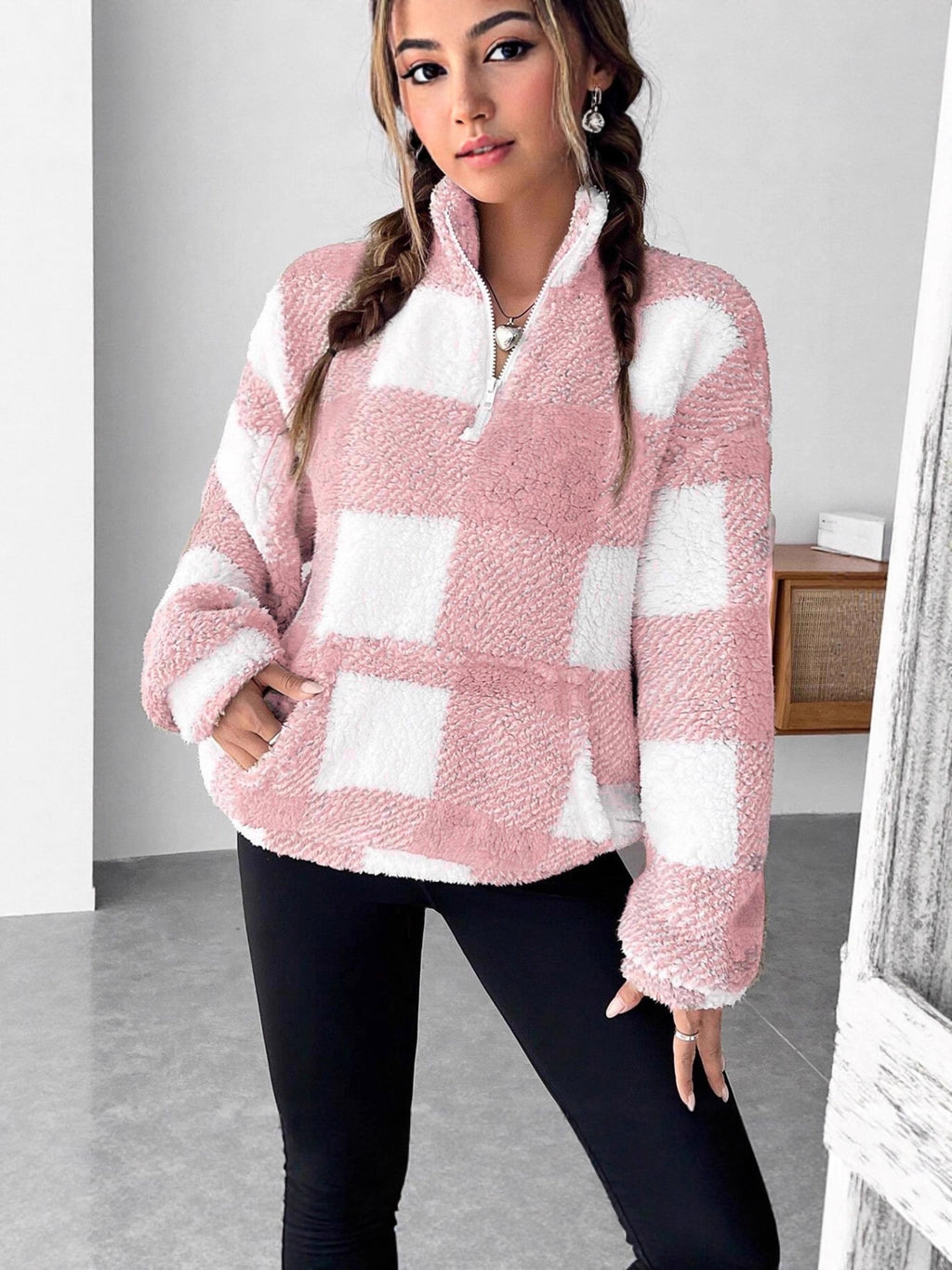 Plaid Half Open Collar Plush Sweatshirt