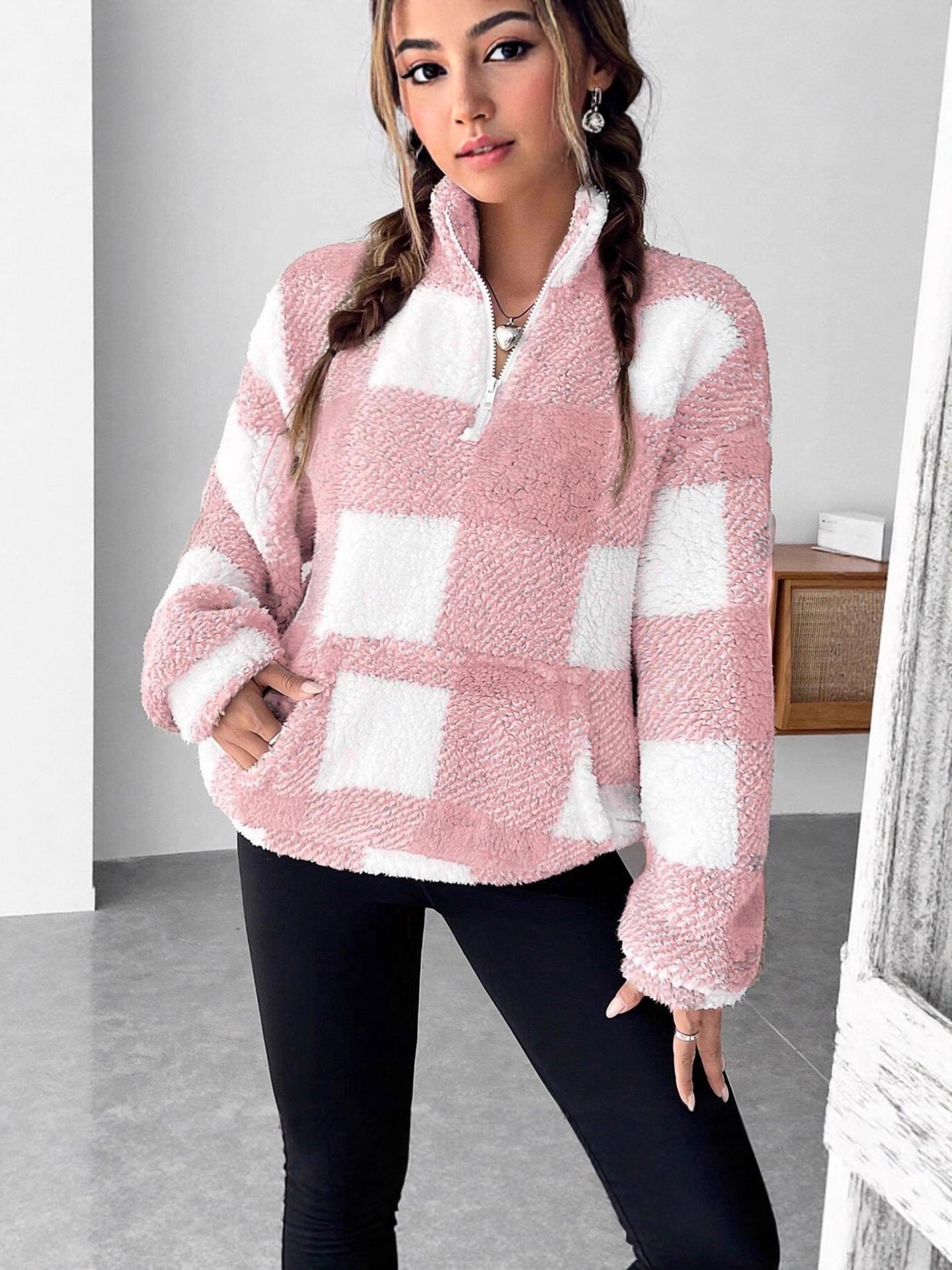 Plaid Half Open Collar Plush Sweatshirt