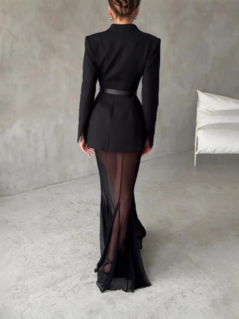 Mesh See-Through Skirt with Lapel Suit