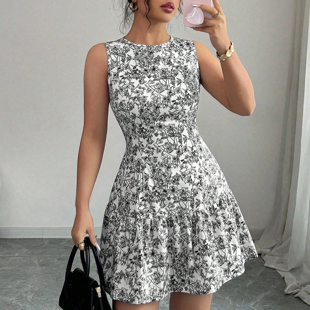Floral Print Sleeveless Cake Skirt Dress