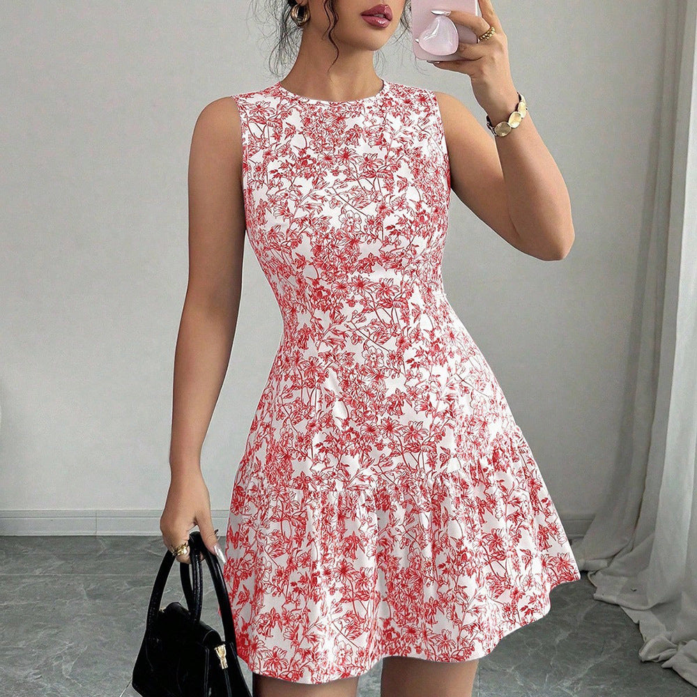 Floral Print Sleeveless Cake Skirt Dress