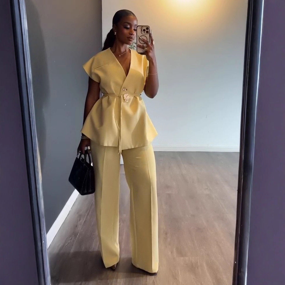 Womens V-Neck Sleeveless Top and Wide-Leg Pants