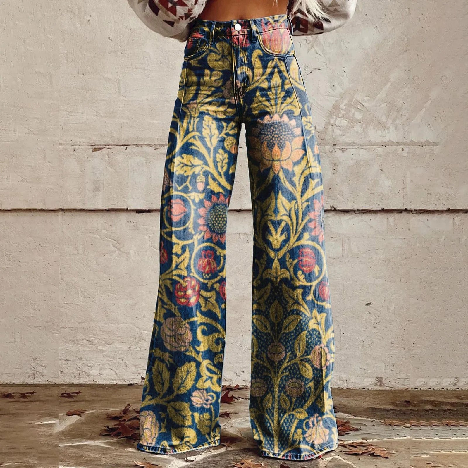 Women's 3D Printed Faux Denim Wide-Leg Pants