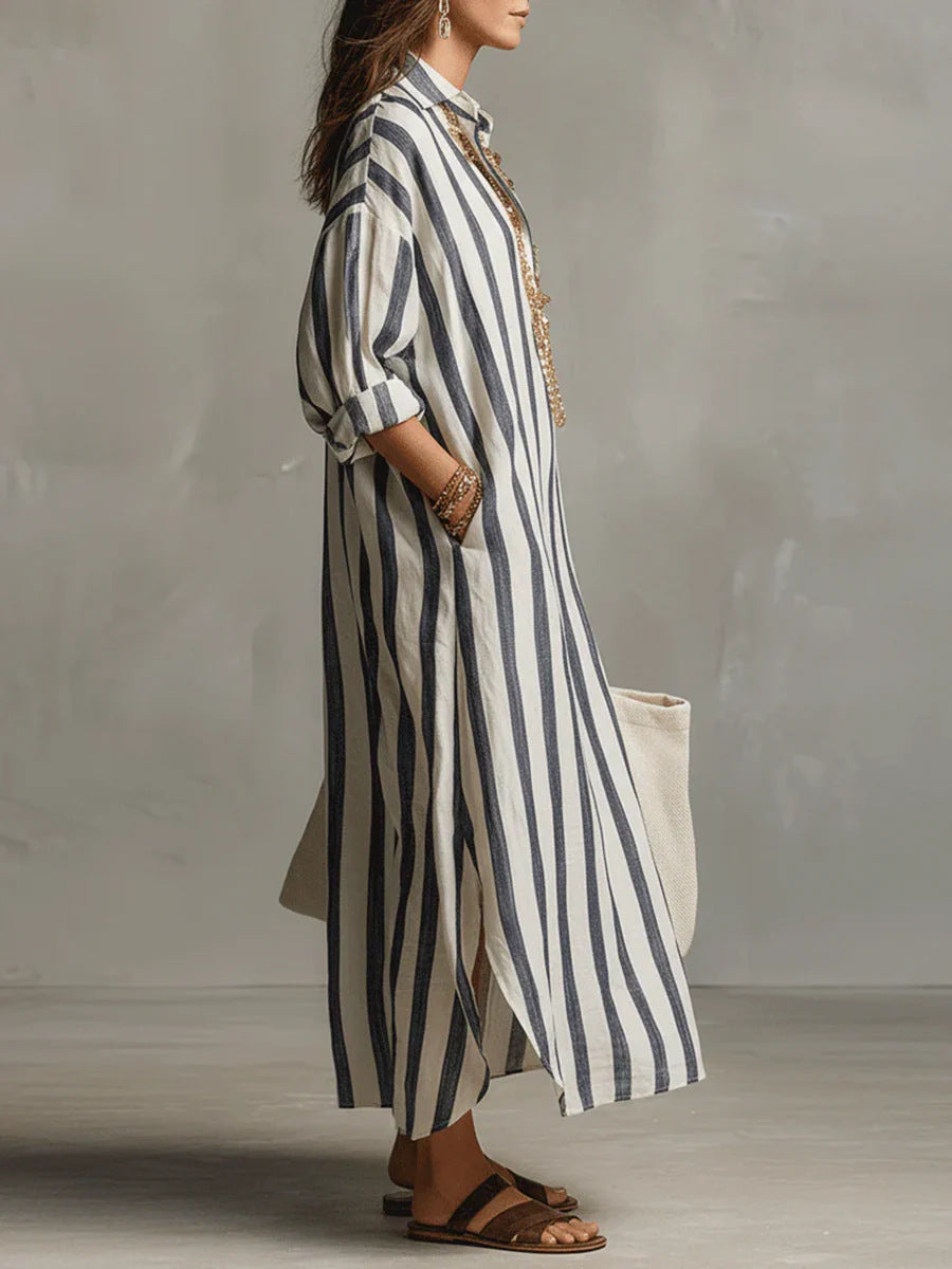 Loose V-Neck Striped Shirt Dress