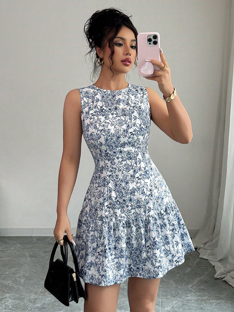Floral Print Sleeveless Cake Skirt Dress