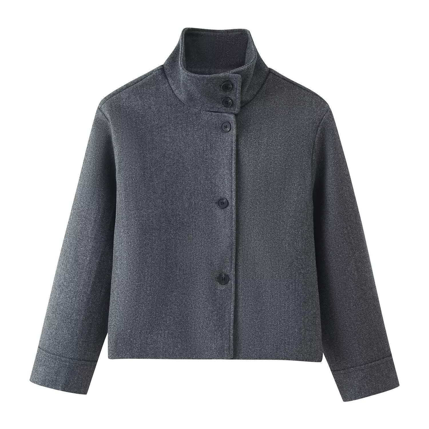 Womens Stand Collar Button Woolen Jacket