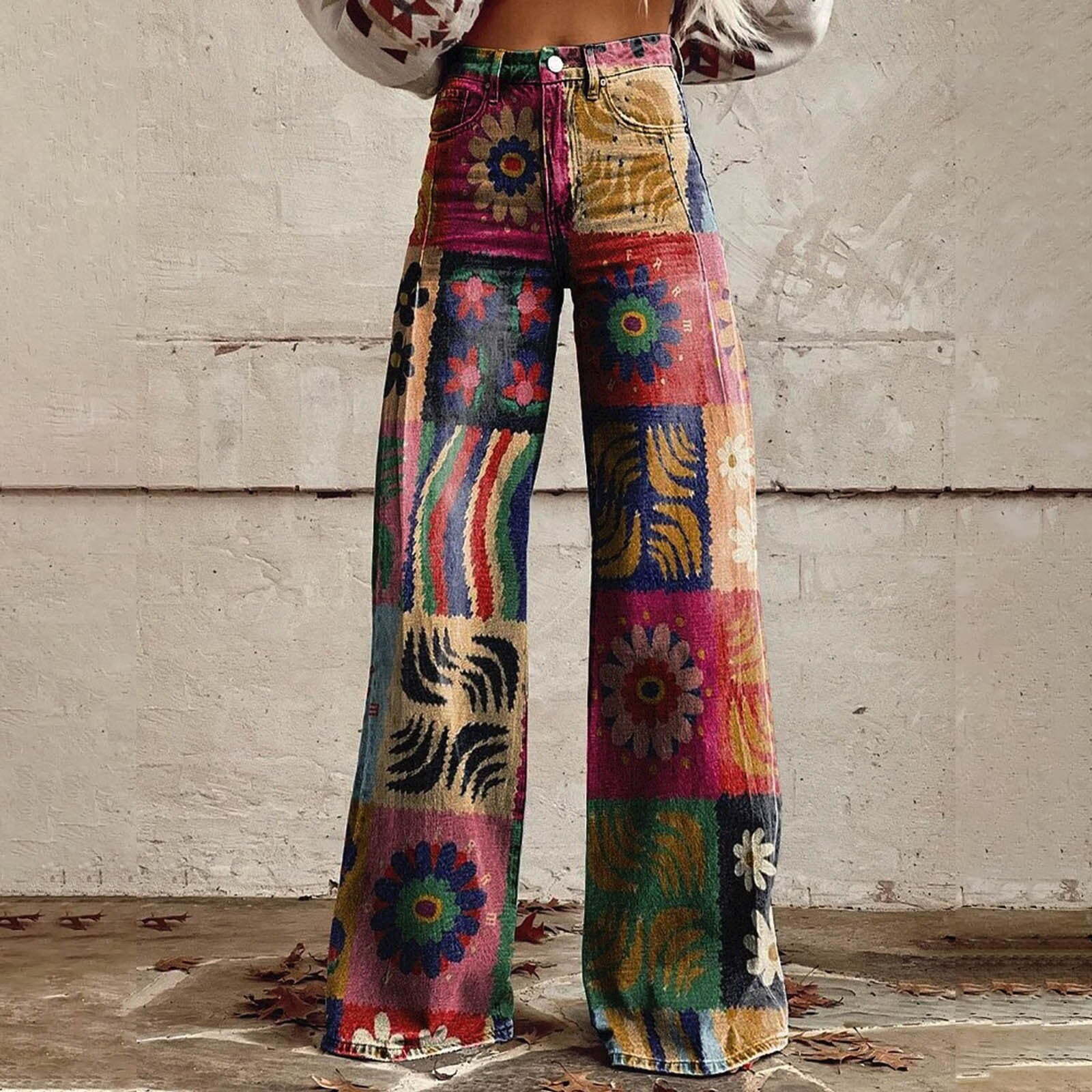 Women's 3D Printed Faux Denim Wide-Leg Pants