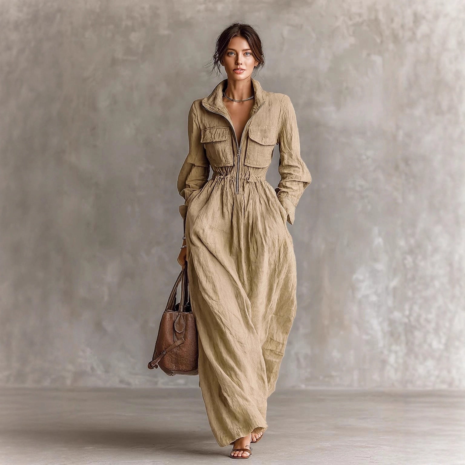 Women's Zip-Up Lapel Long Dress