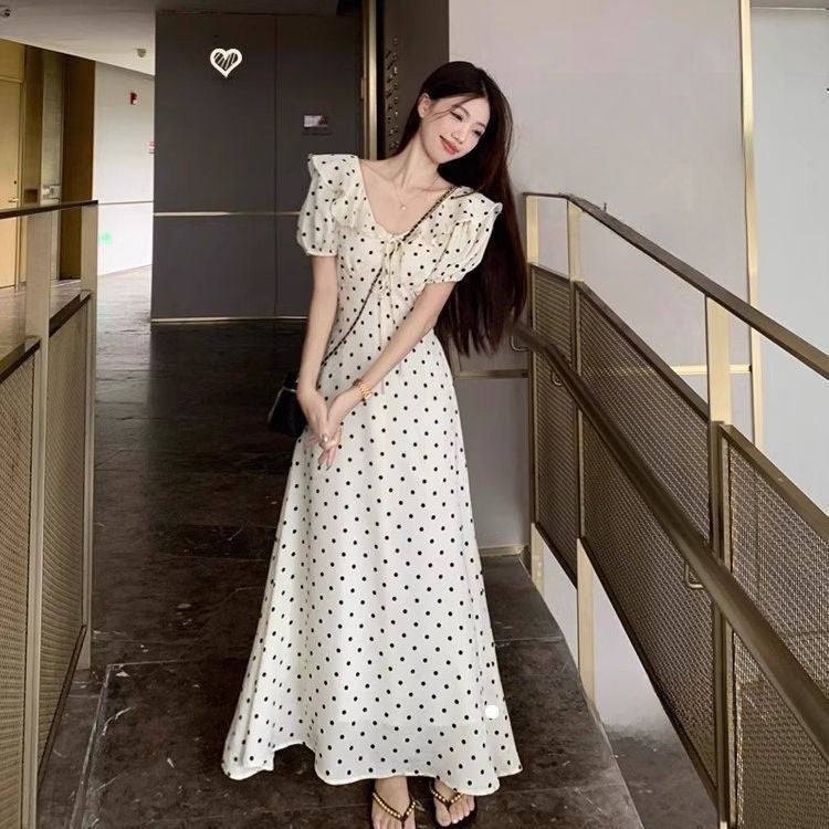 French Lace-Up Puff Sleeve Polka Dot Dress