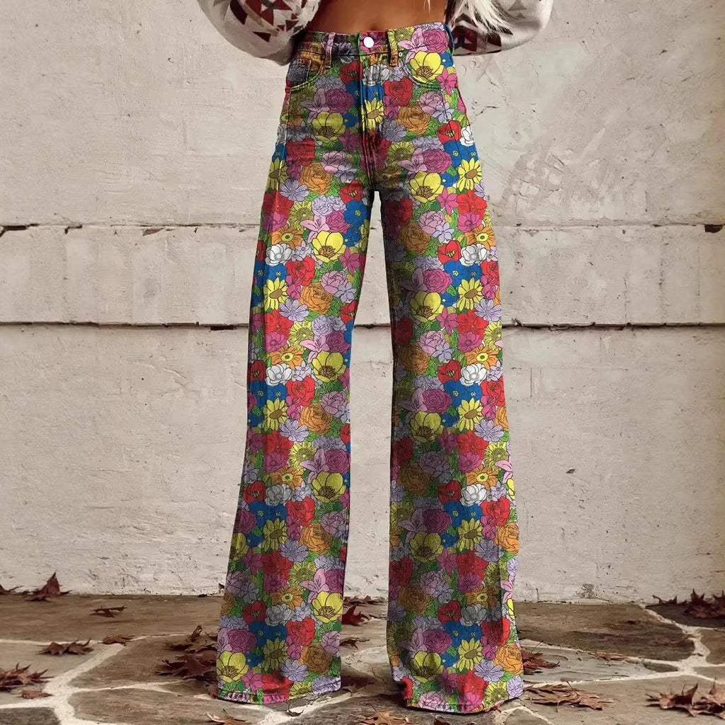 Women's 3D Printed Faux Denim Wide-Leg Pants
