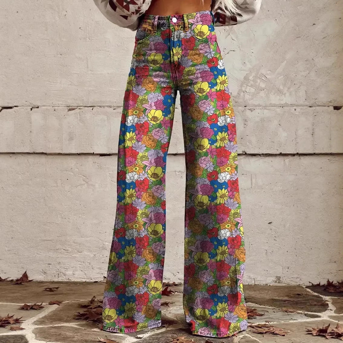 Women's 3D Printed Faux Denim Wide-Leg Pants
