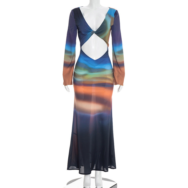 Tie-Dye Mesh Long Sleeve Backless Dress