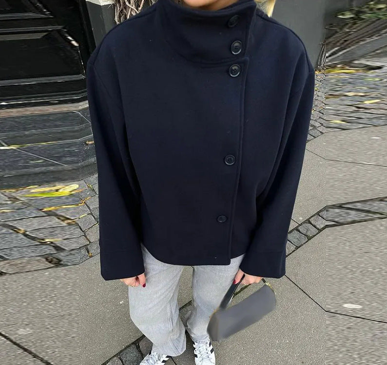 Short wool-blend single-breasted coat with a stand-up collar