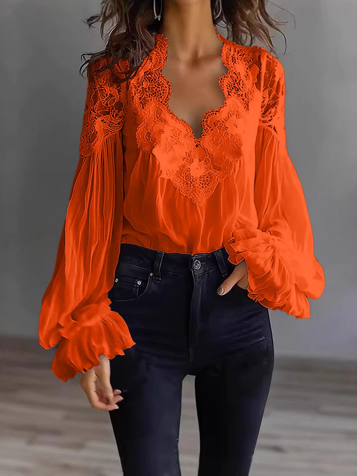Lace Patchwork Puff Sleeve Pleated Blouse