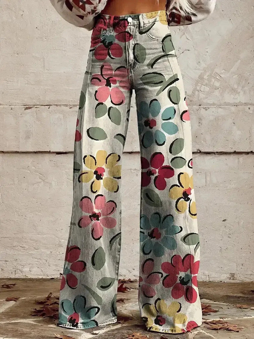 Women's 3D Printed Faux Denim Wide-Leg Pants