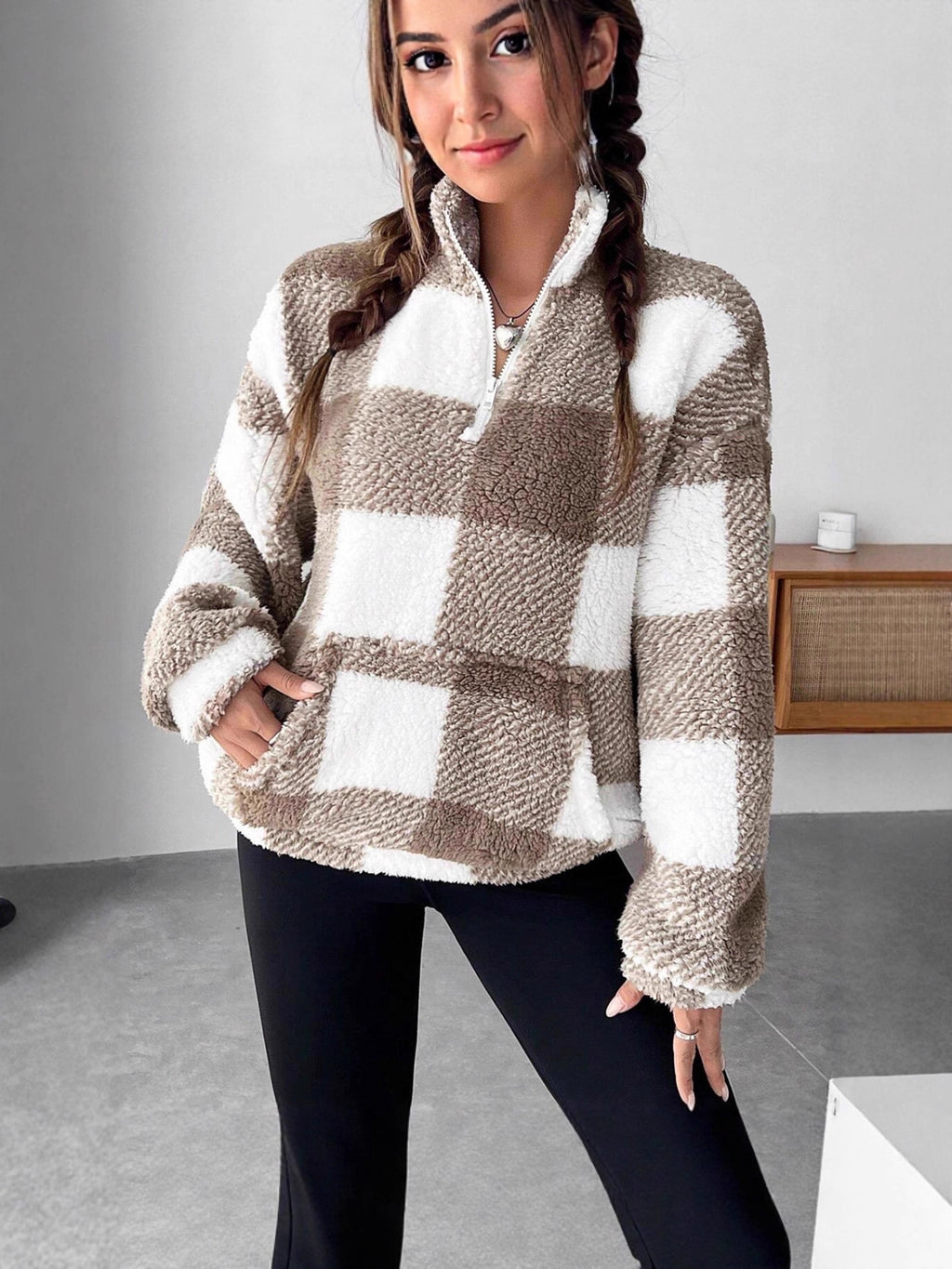Plaid Half Open Collar Plush Sweatshirt