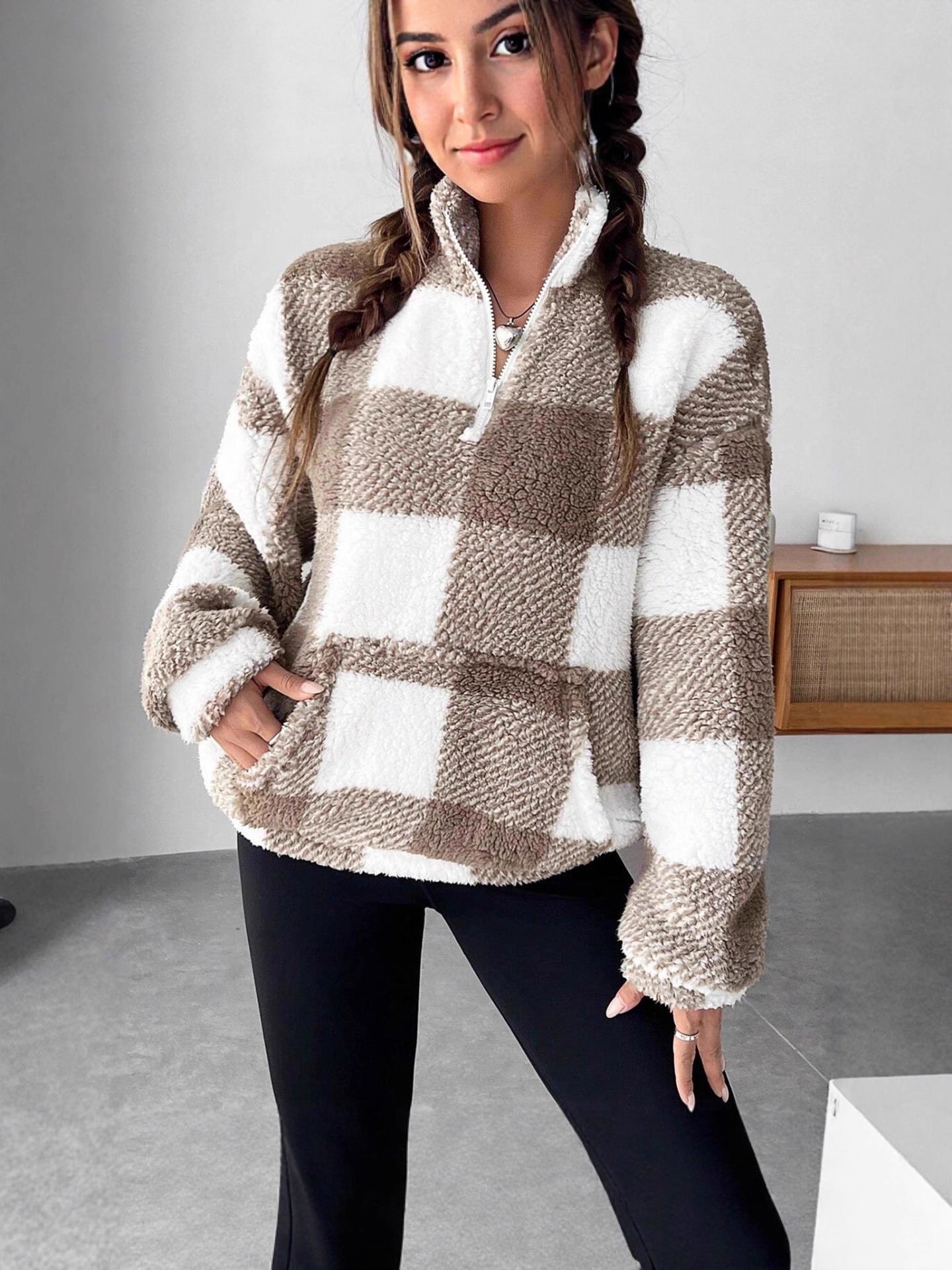 Plaid Half Open Collar Plush Sweatshirt