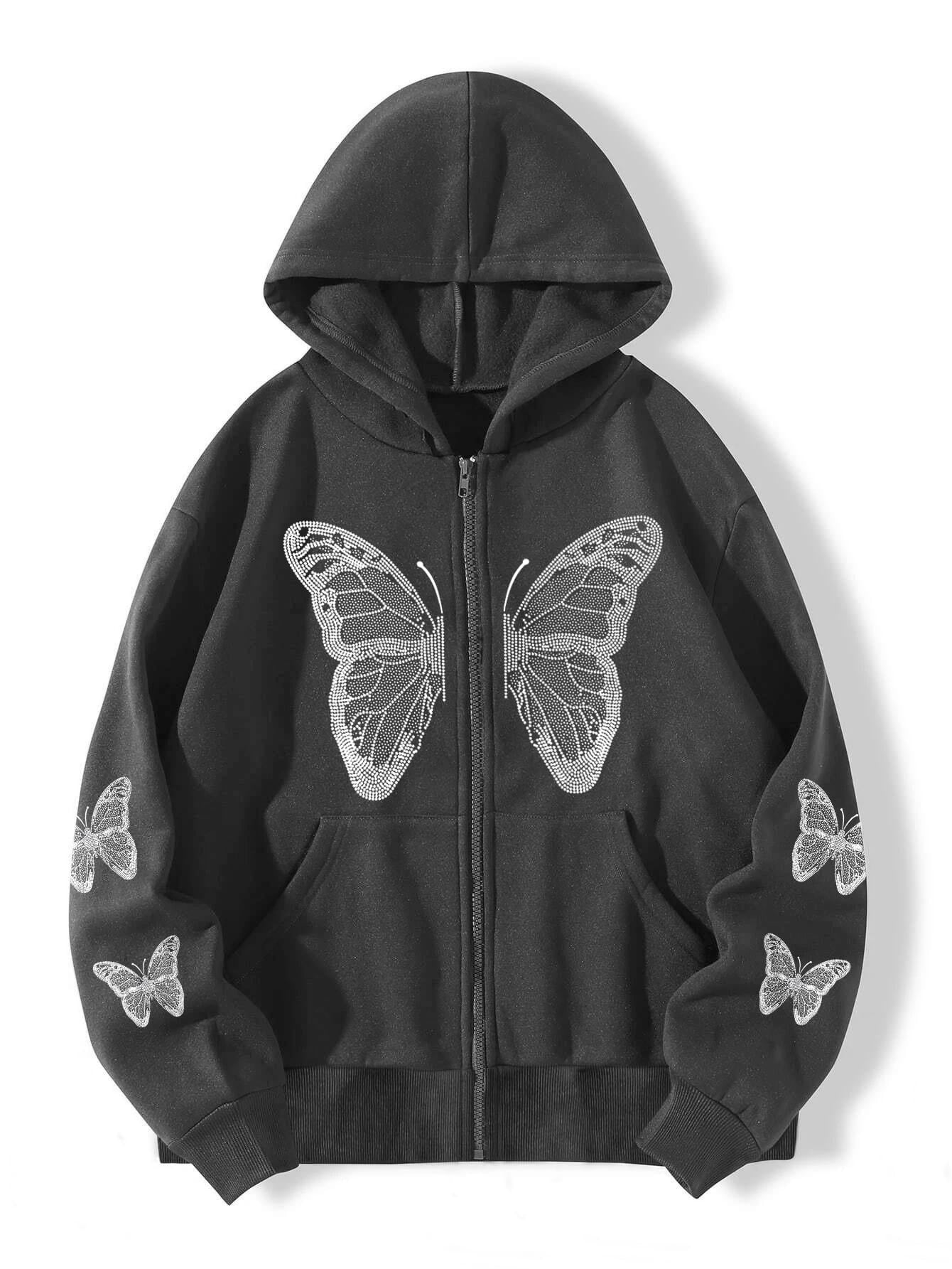 Butterfly Print Fleece Hooded Sweatshirt