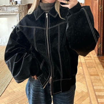 Retro Loose Fit Lapel Zipper Jacket