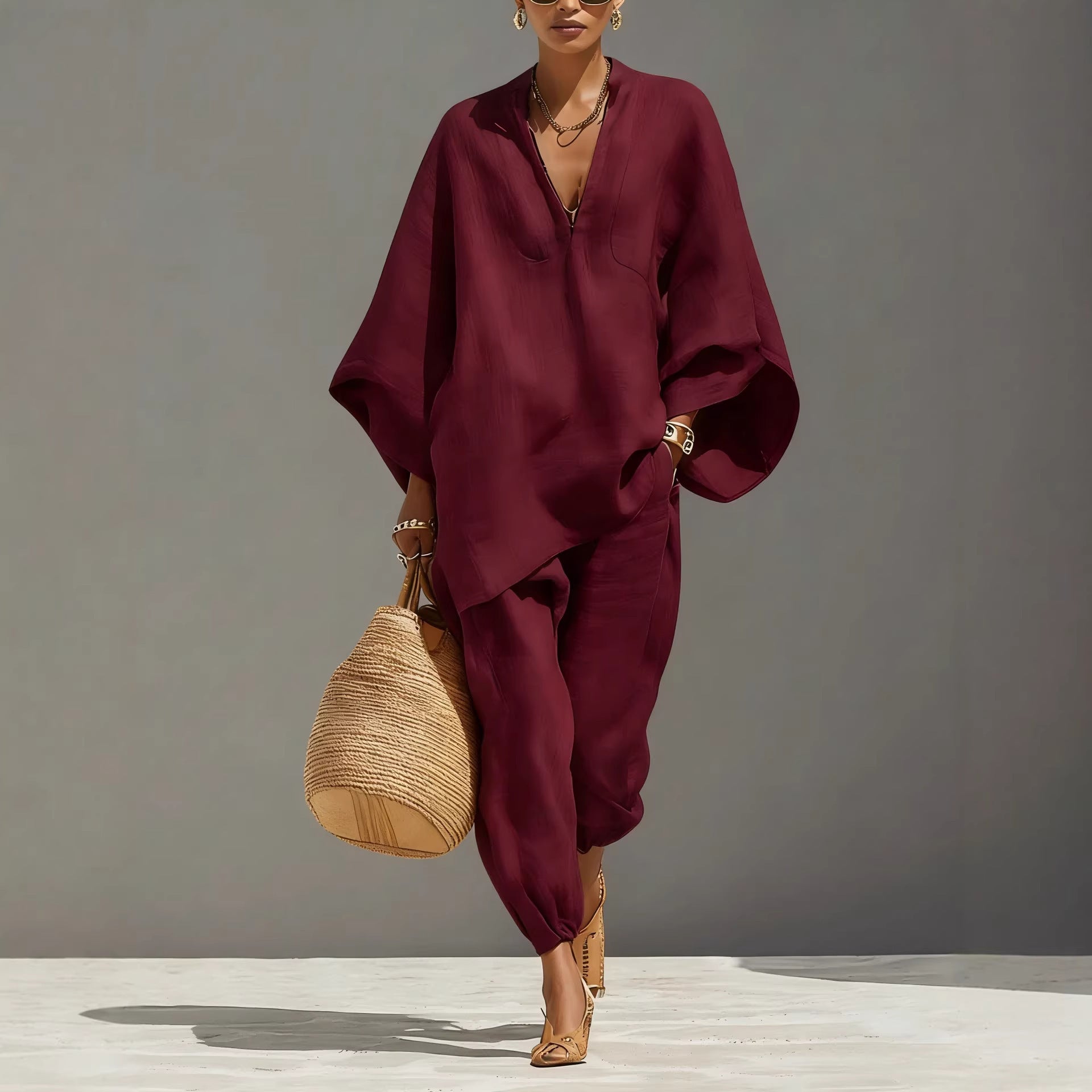 Womens Batwing Sleeve Casual Shirt Set
