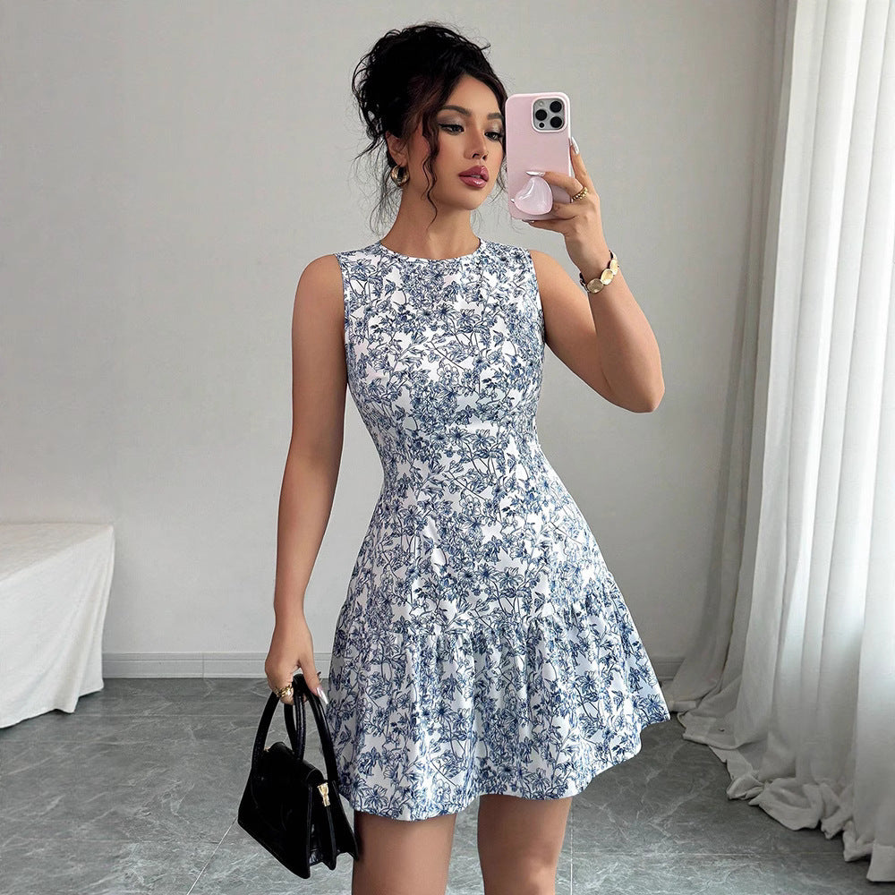 Floral Print Sleeveless Cake Skirt Dress