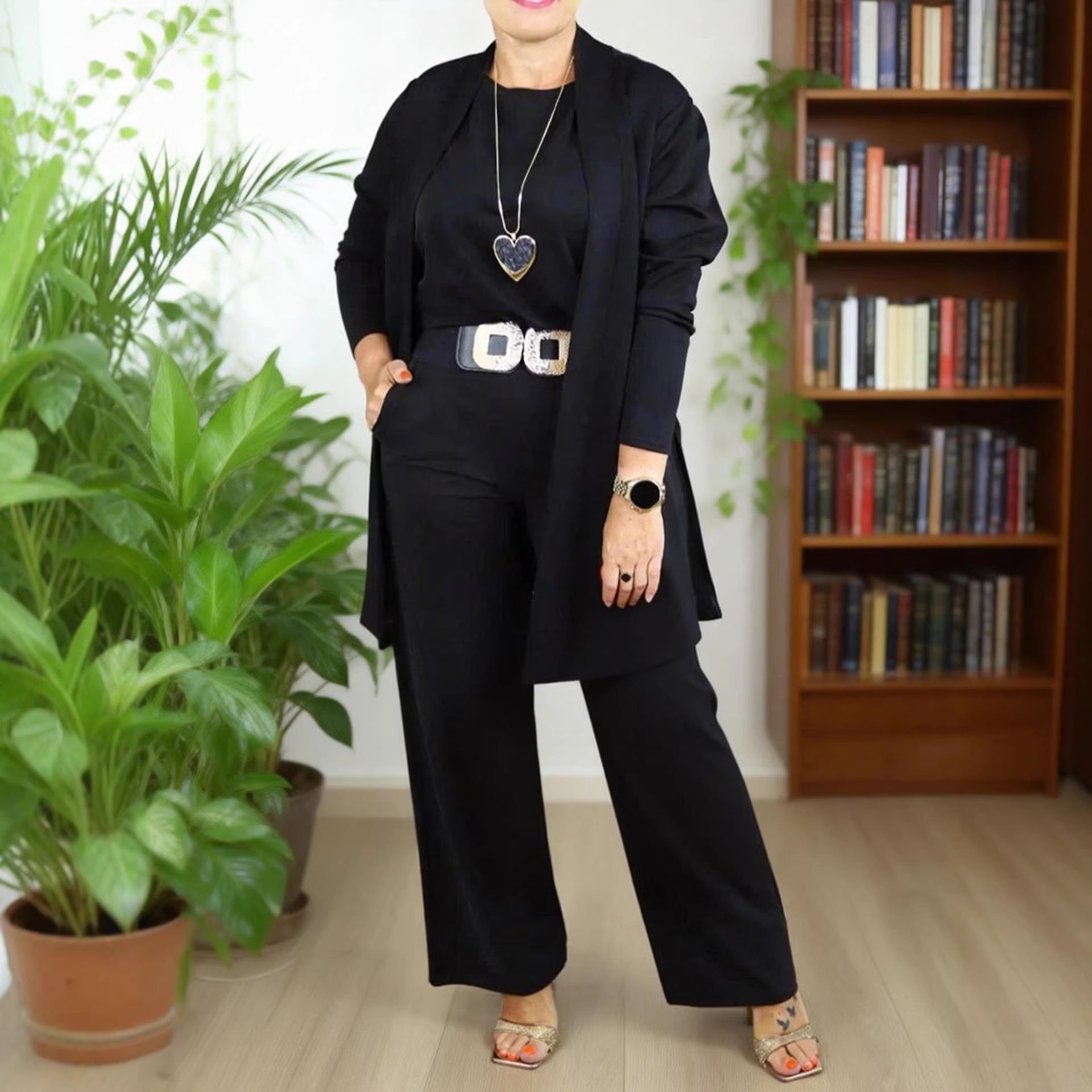 Women Knit Three Piece Cardigan and Pants Outfit