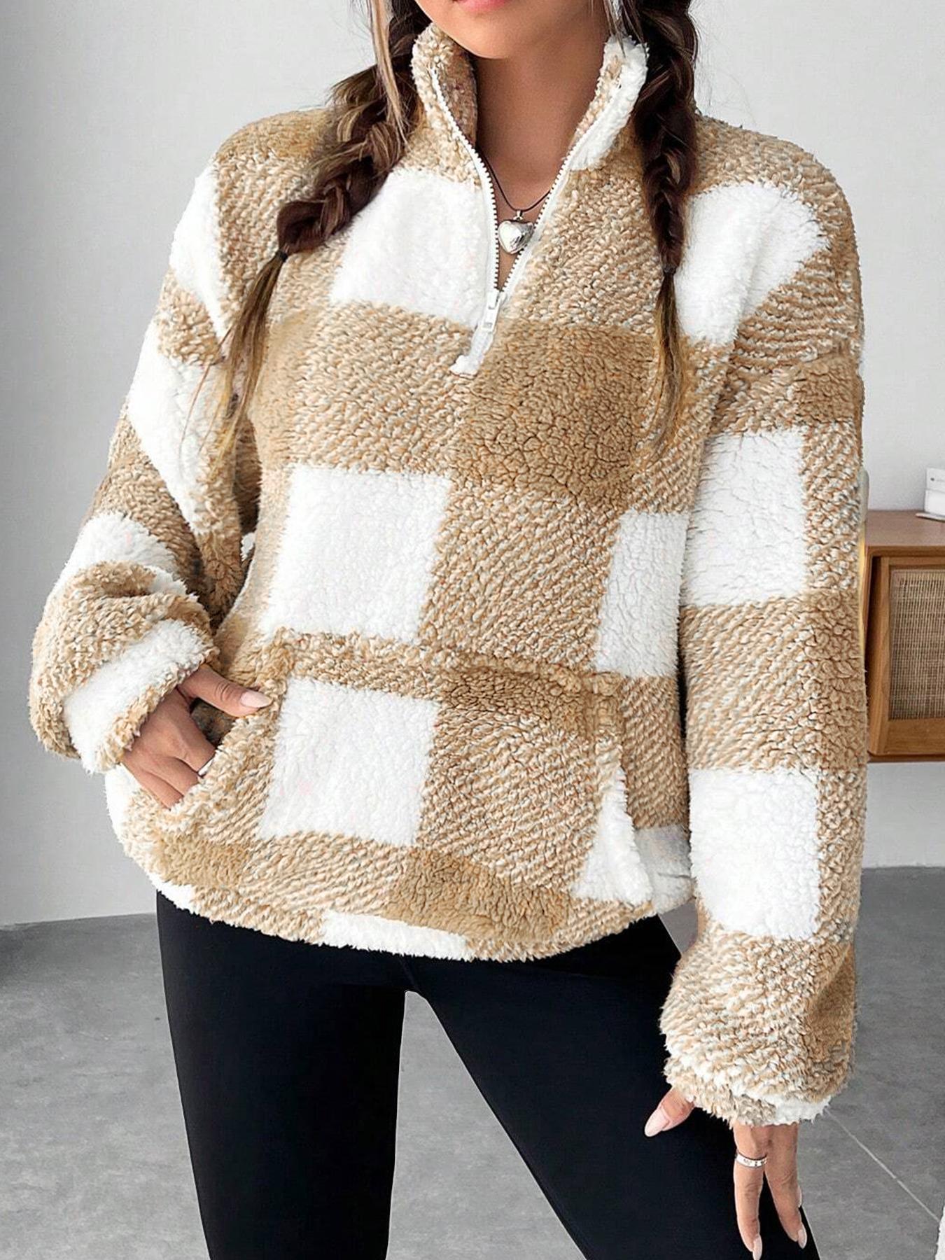 Plaid Half Open Collar Plush Sweatshirt