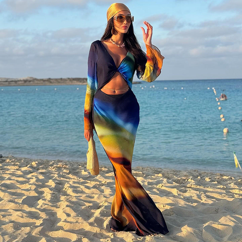 Tie-Dye Mesh Long Sleeve Backless Dress