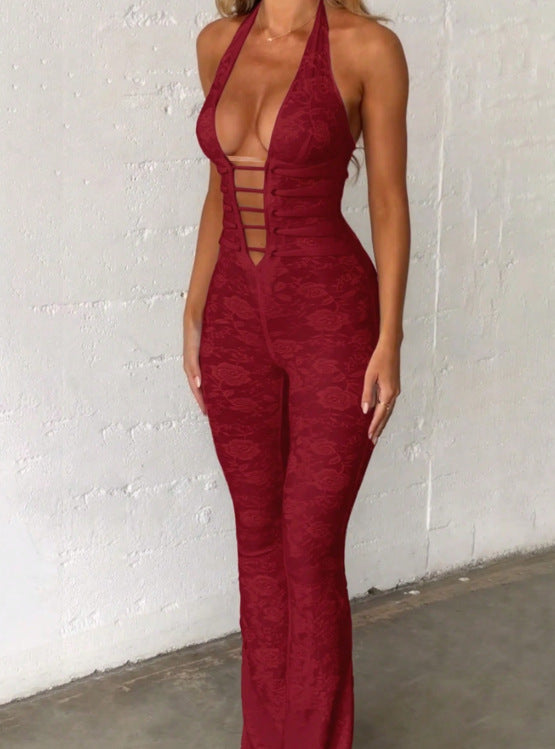 Lined Deep V-Neck Lace Jumpsuit