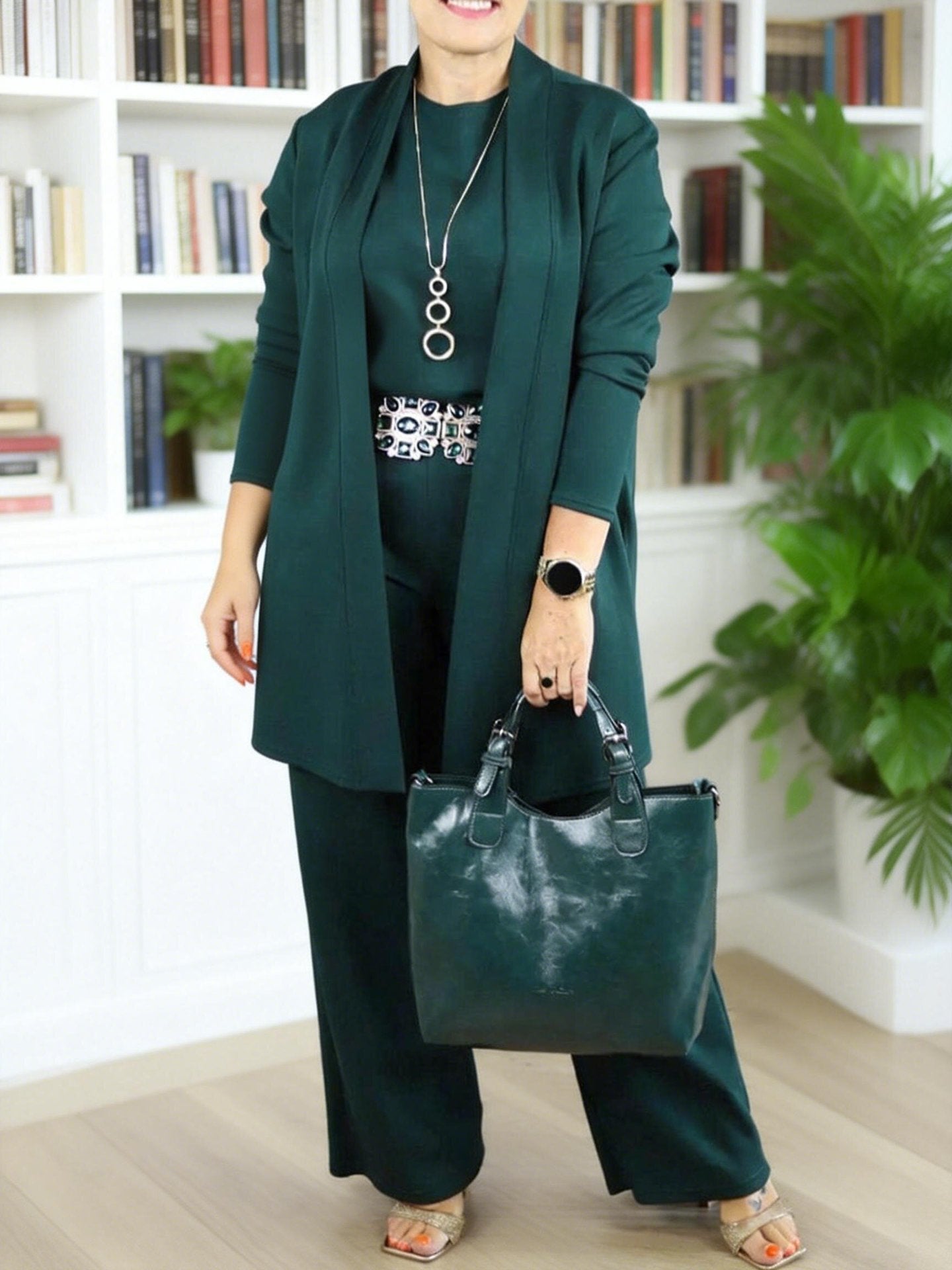 Women Knit Three Piece Cardigan and Pants Outfit
