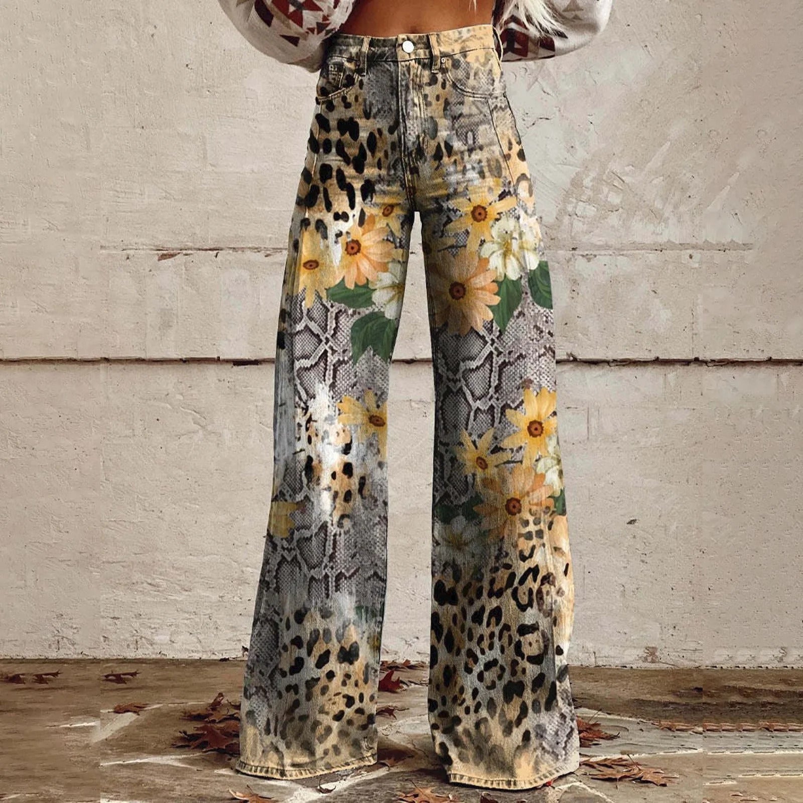 Women's 3D Printed Faux Denim Wide-Leg Pants