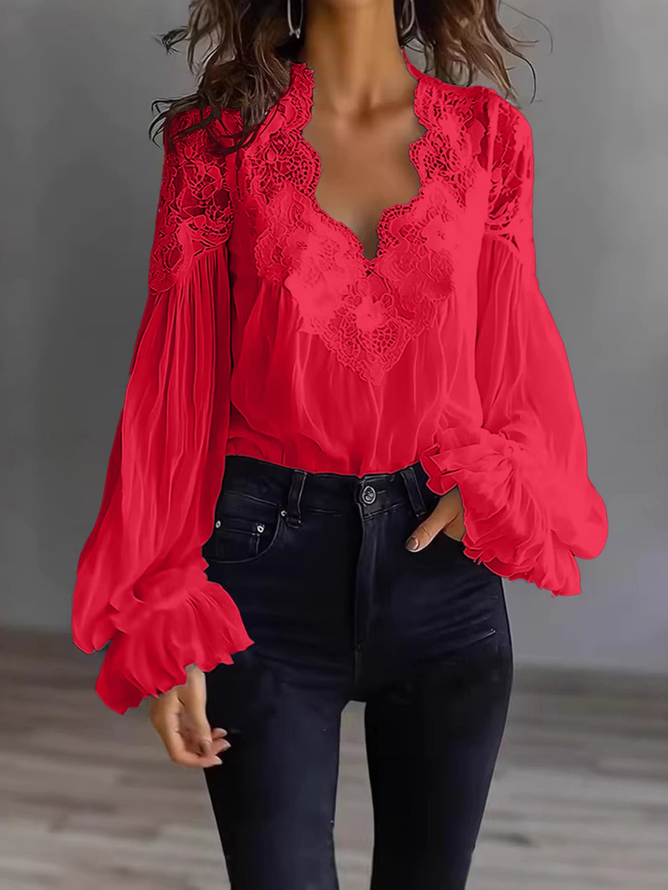 Lace Patchwork Puff Sleeve Pleated Blouse