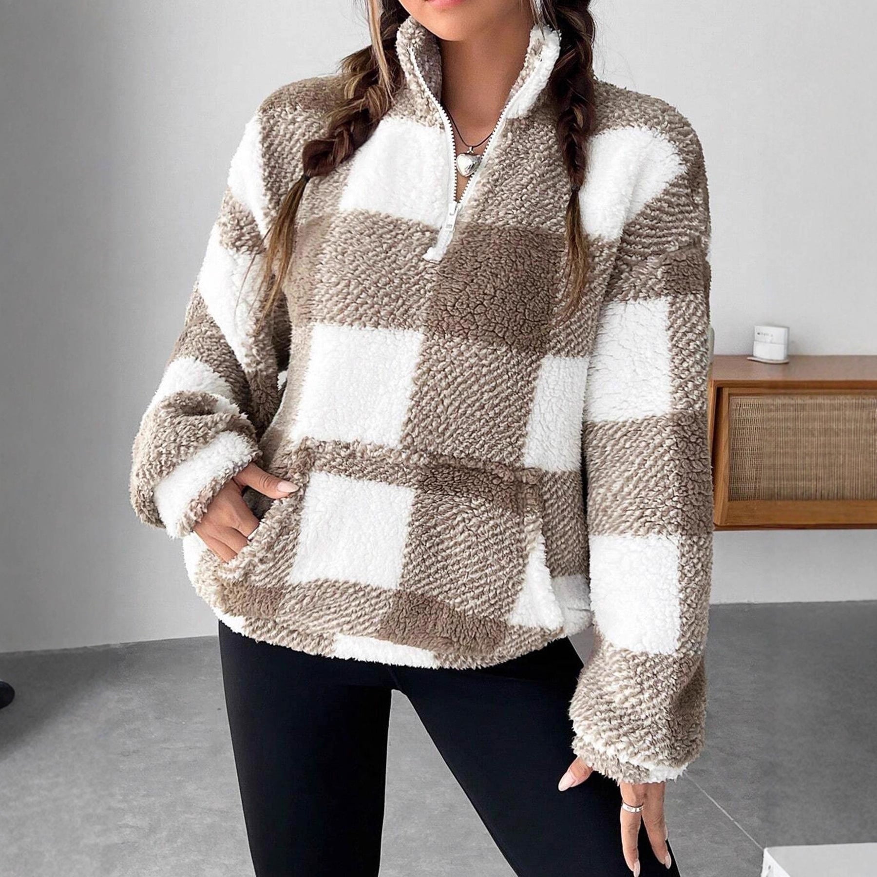 Plaid Half Open Collar Plush Sweatshirt