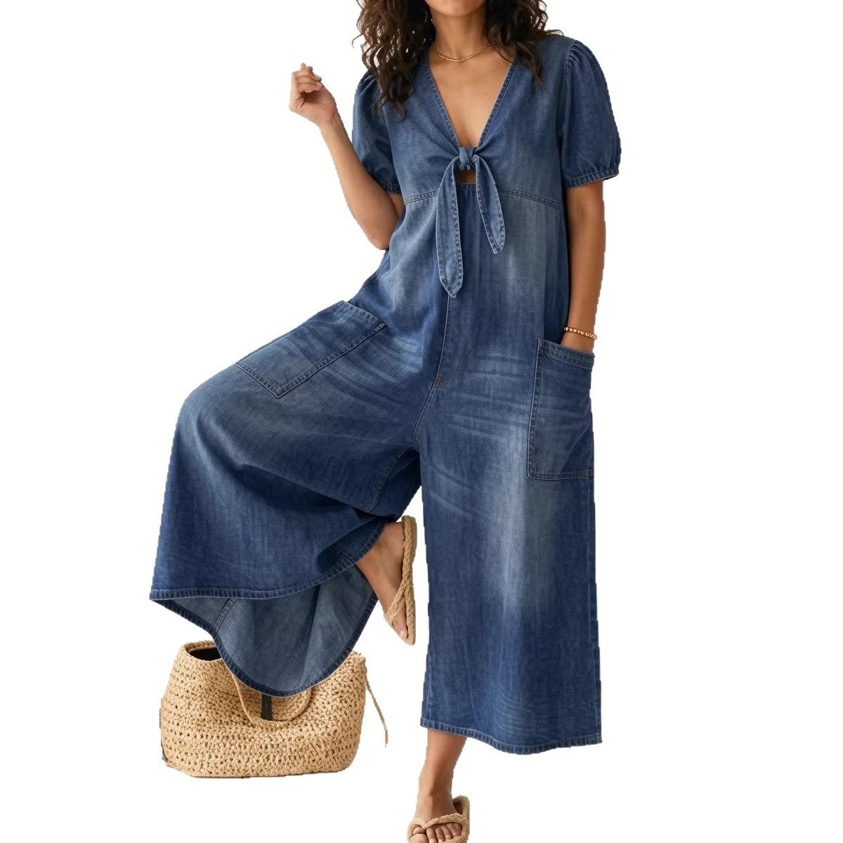 Women's Denim V-Neck Jumpsuit