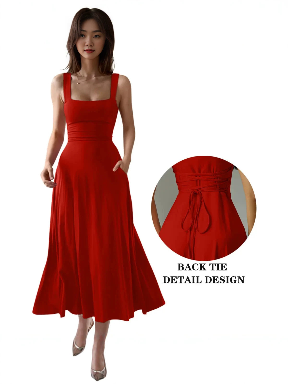 Elegant Thick Strap Square Neck Long Dress