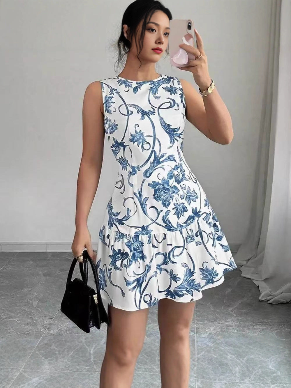 Floral Print Sleeveless Cake Skirt Dress