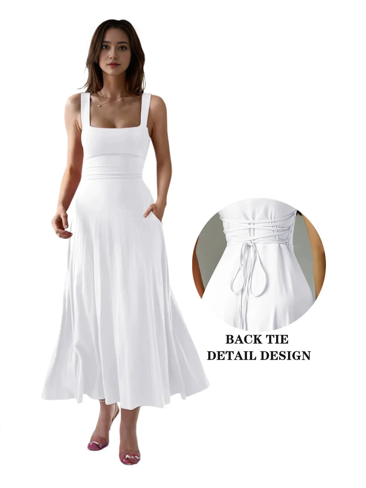 Elegant Thick Strap Square Neck Long Dress