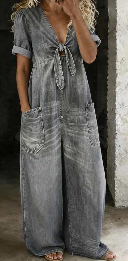 Women's Denim V-Neck Jumpsuit