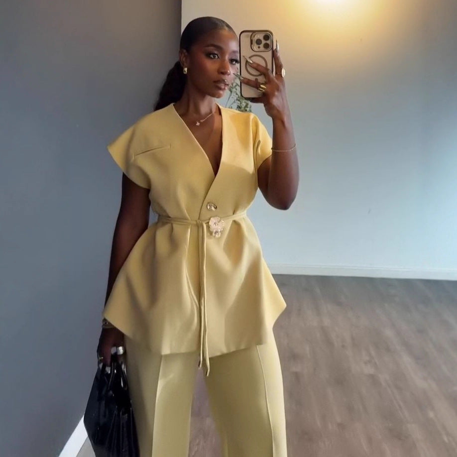 Womens V-Neck Sleeveless Top and Wide-Leg Pants