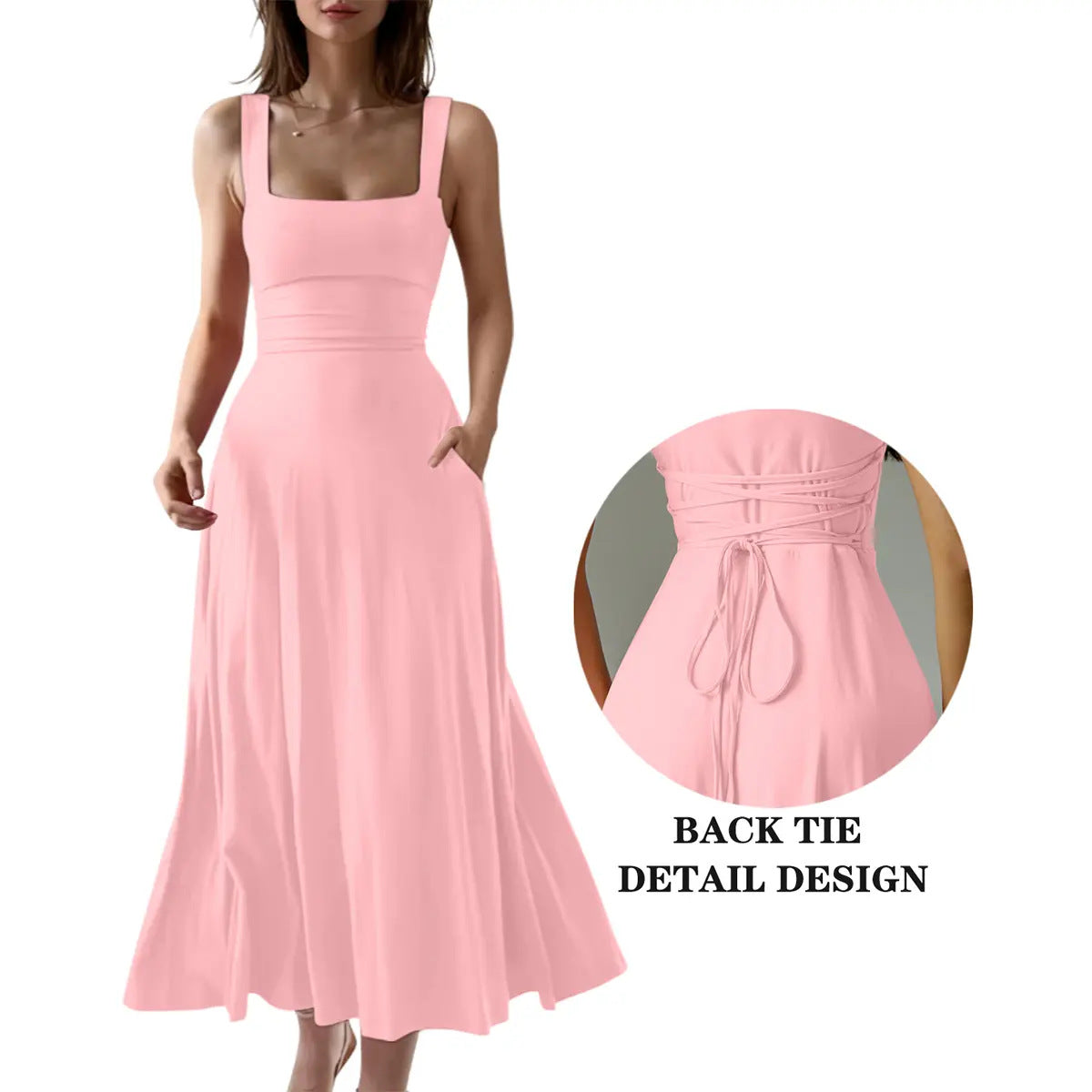 Elegant Thick Strap Square Neck Long Dress