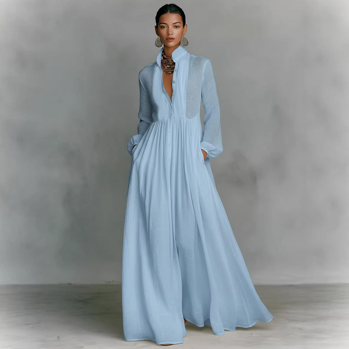 Elegant Pleated Long Sleeve Dress