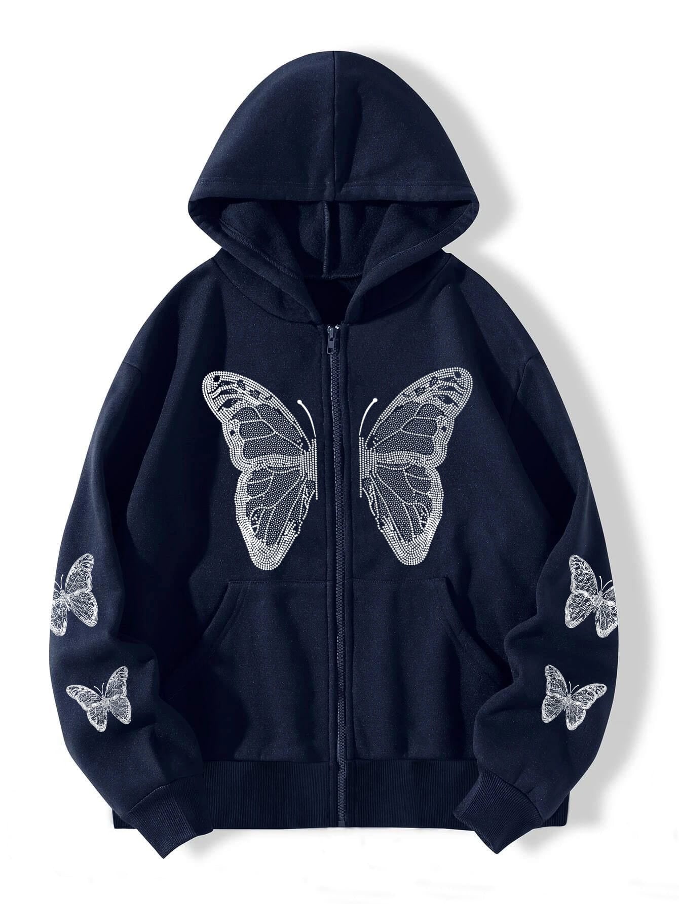 Butterfly Print Fleece Hooded Sweatshirt