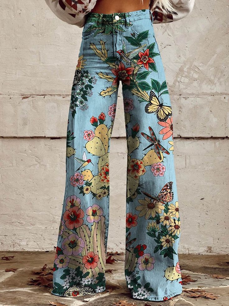 Women's 3D Printed Faux Denim Wide-Leg Pants