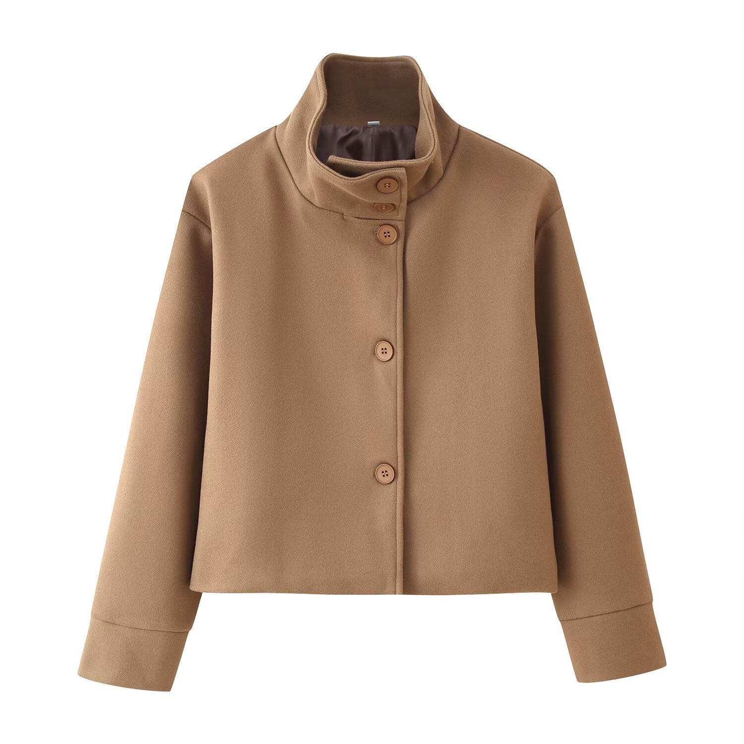 Womens Stand Collar Button Woolen Jacket